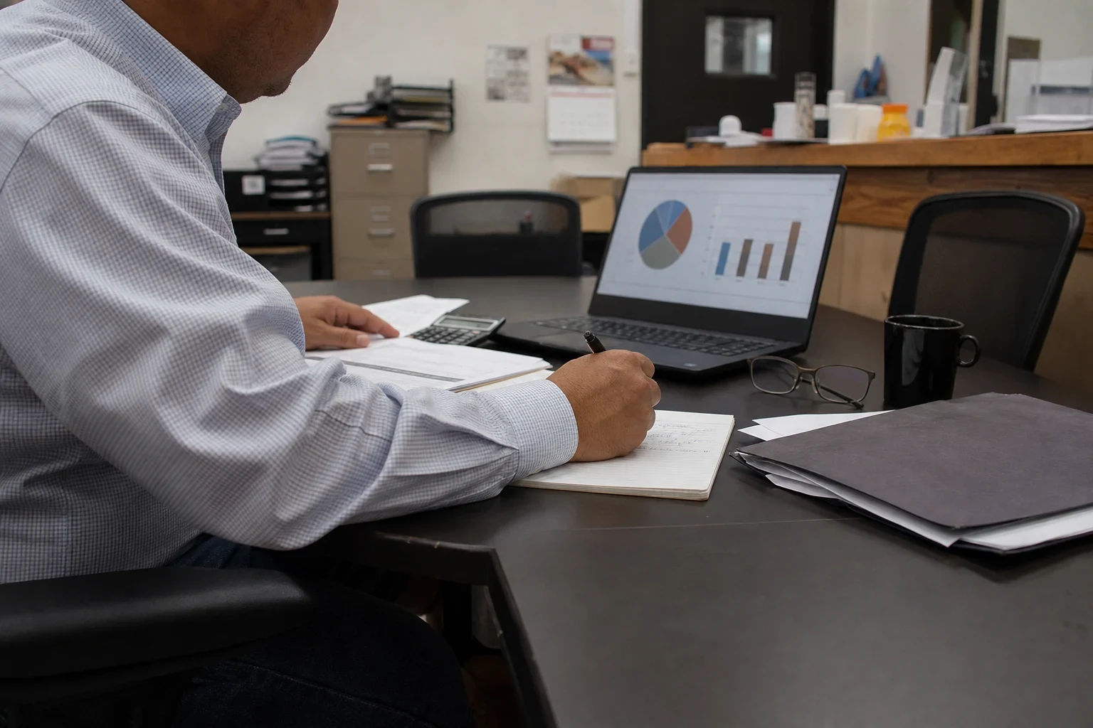 Man in a checked shirt writing notes at a dark conference table with a laptop showing pie and bar charts, a calculator and folders in a small back office