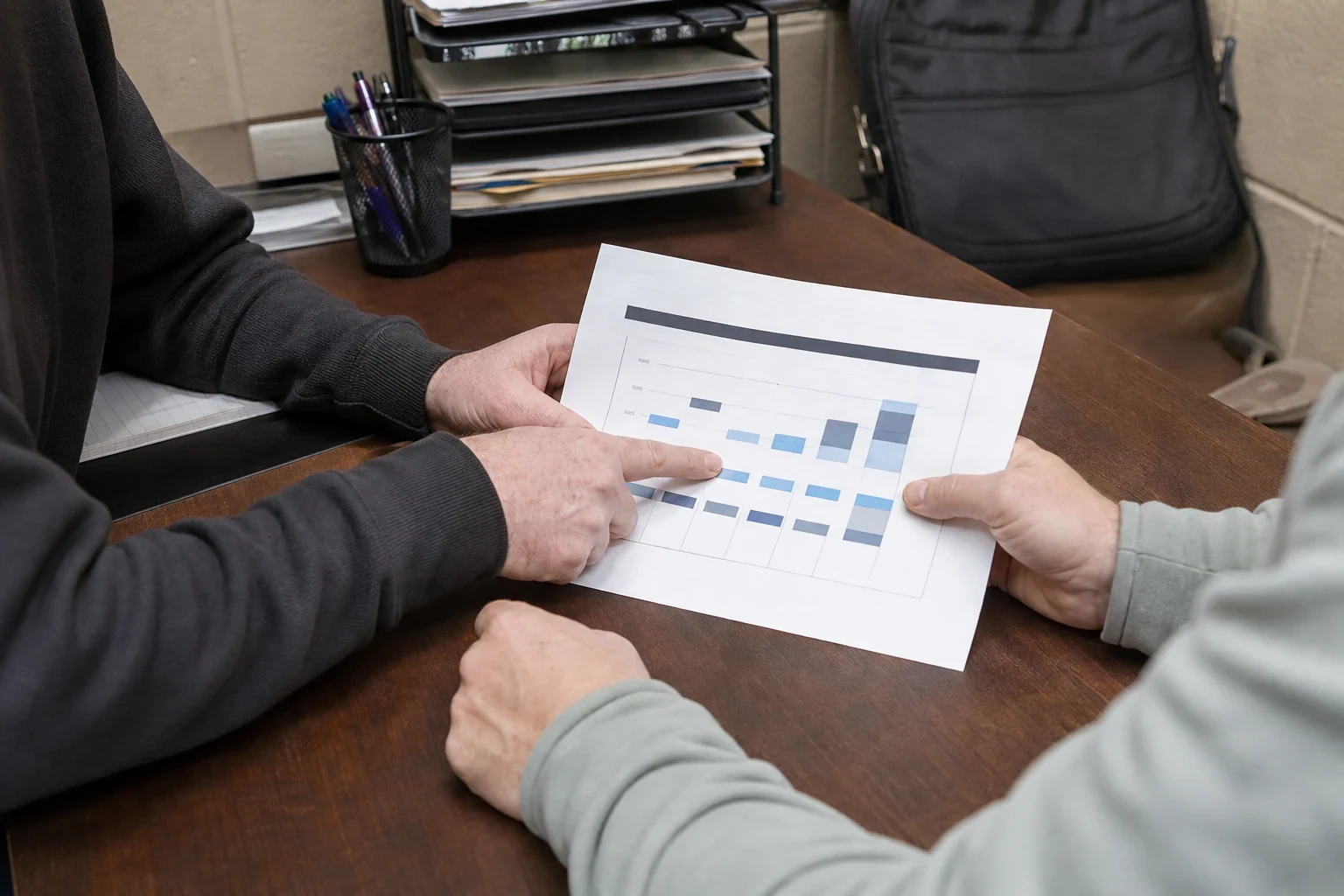 Two people at a wooden back-office desk, one pointing to a printed bar chart of coverage options while the other holds the page, with a file tray and pen cup behind