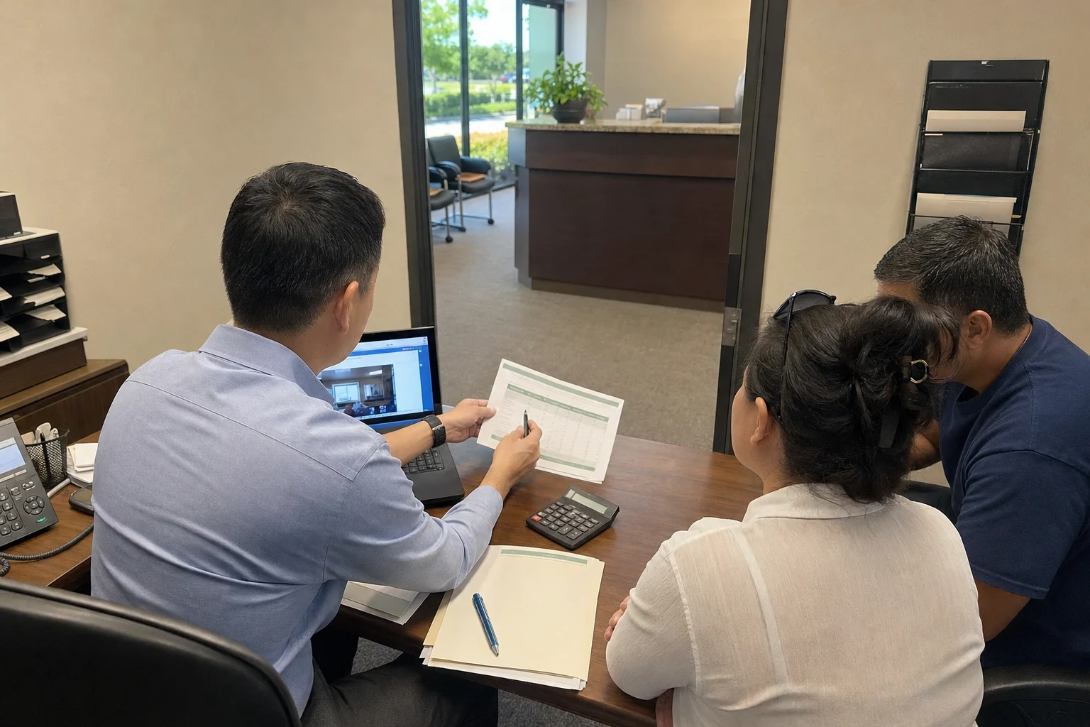 Insurance agent at a wooden desk reviewing a printed comparison sheet with a couple, with a laptop, calculator and a reception desk visible through the office doorway
