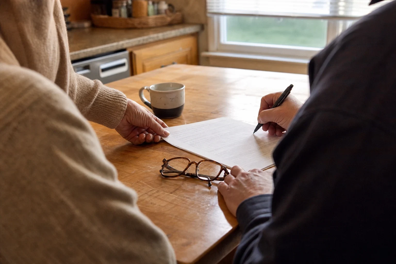 Two older adults at a wooden kitchen table, one holding a paper form while the other writes on it, with reading glasses and a coffee mug nearby and a window behind